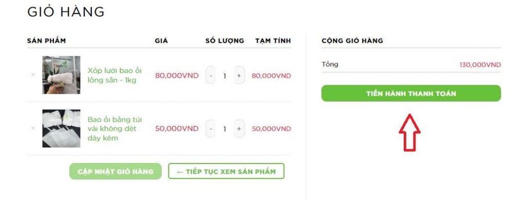 (Bước 3: Kiểm tra lại giỏ hàng rồi kích vào “TIẾN HÀNH THANH TOÁN”)